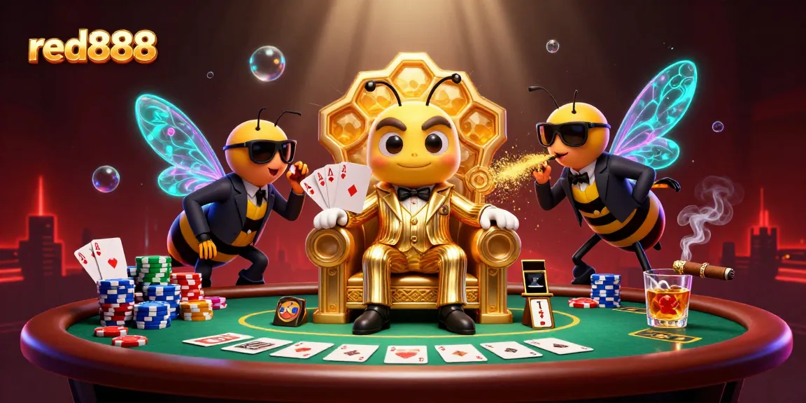 Experience gaming excitement with red888's 3D casino scene featuring unique characters and thrilling poker elements.
