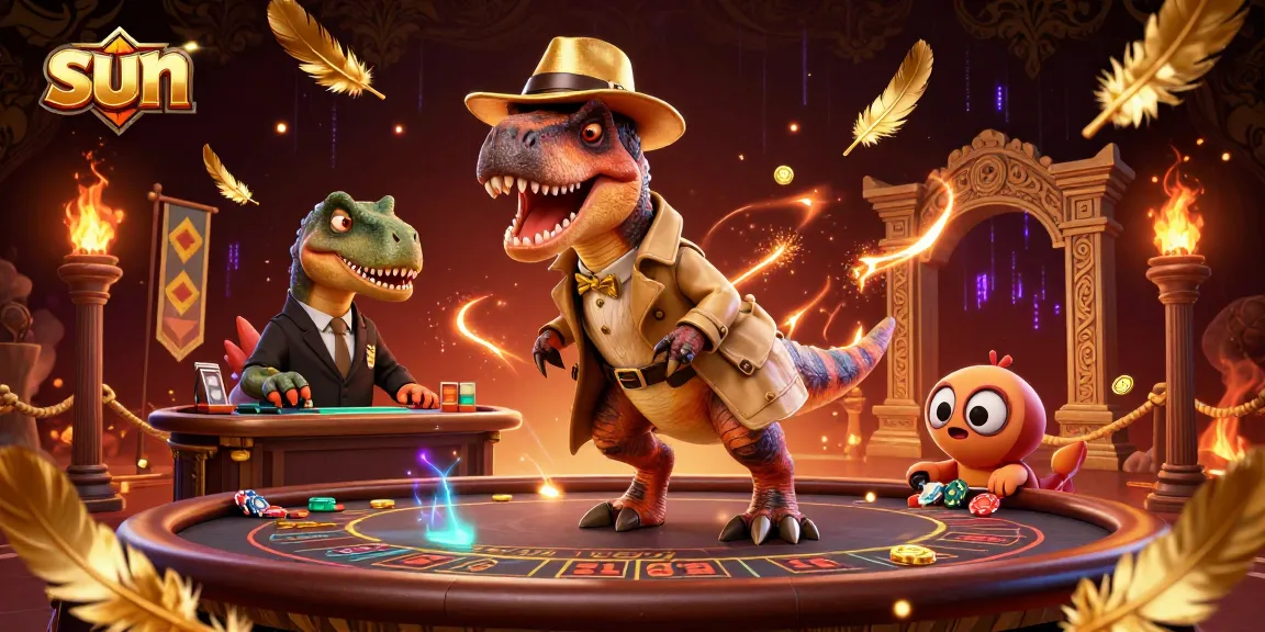Experience exciting blackjack action as the sun sets over a vibrant casino scene with animated dinosaur characters.
