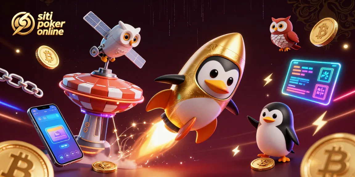 Gioca sui migliori siti poker online con un pinguino d'oro che esplode verso una stazione spaziale a forma di poker chip.