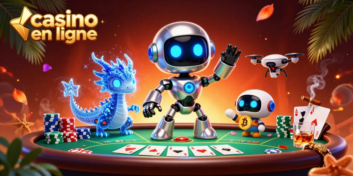Jouez au casino en ligne avec un robot futuriste, un dragon AI en hologramme et un drone avec un symbole Bitcoin.