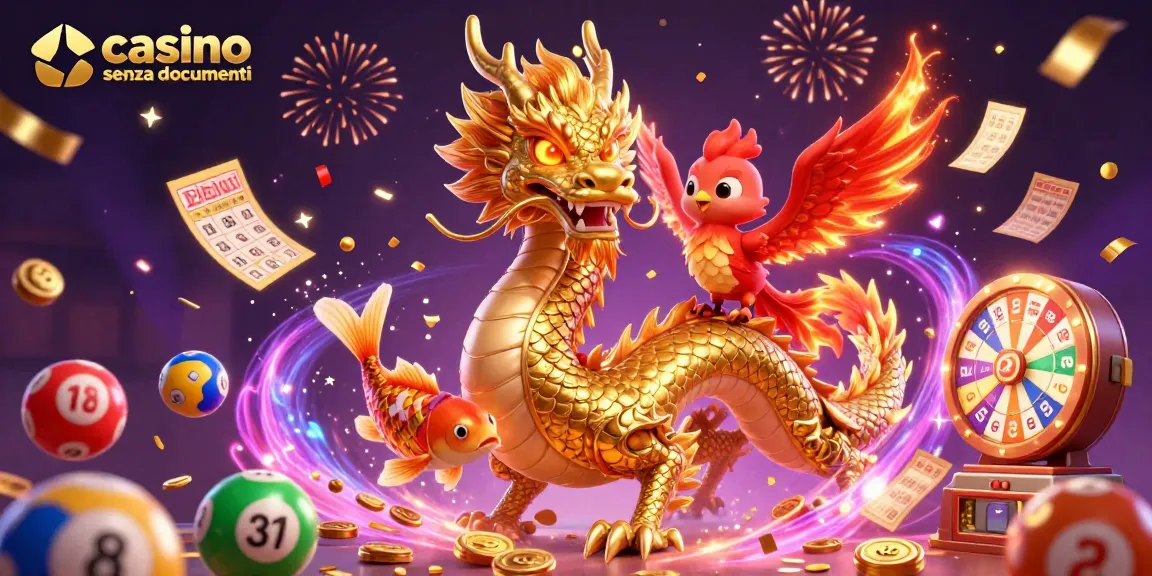 Gioca al casino senza documenti con un drago dorato, una fenice e pesci fortunati in un'illustrazione ricca di dettagli.