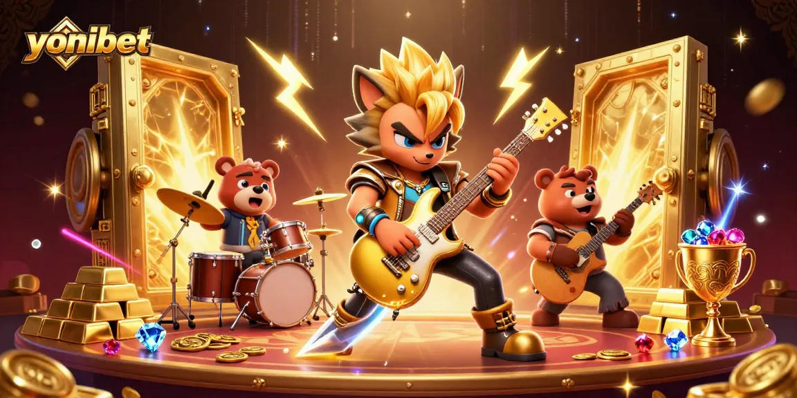 Experience excitement at yonibet with a cartoon rock star wolf and drummer bear on a vibrant casino stage.