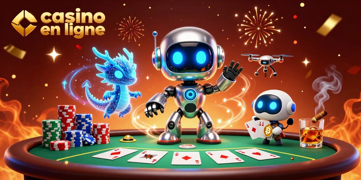 Illustrez le casino en ligne avec un robot cyberpunk et un dragon holographique, une scène dynamique pleine de jeux.