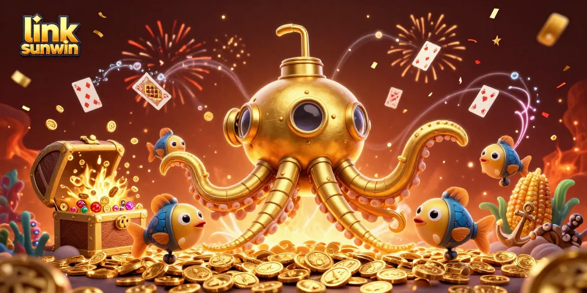 Experience the thrill at link sunwin with our 3D golden kraken submarine and treasure-filled scene.