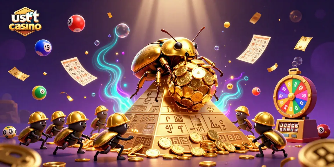 Gioca nel mondo degli usdt casino con un'illustrazione di bruchi dorati e palline colorate.