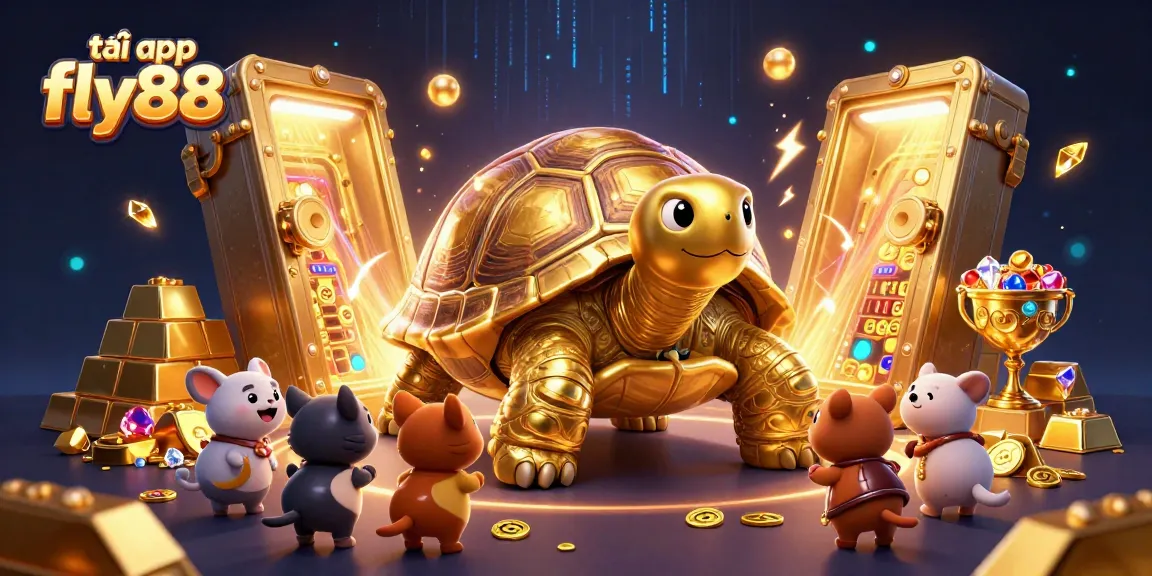 Engage with thrilling gaming action in tải app fly88 featuring a charming golden tortoise and sparkling treasure in a vibrant, colorful scene.