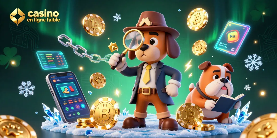 Plongez dans l'univers d'un casino en ligne fiable avec un détective et son assistant décodant un indice en or entourés de cryptomonnaies.