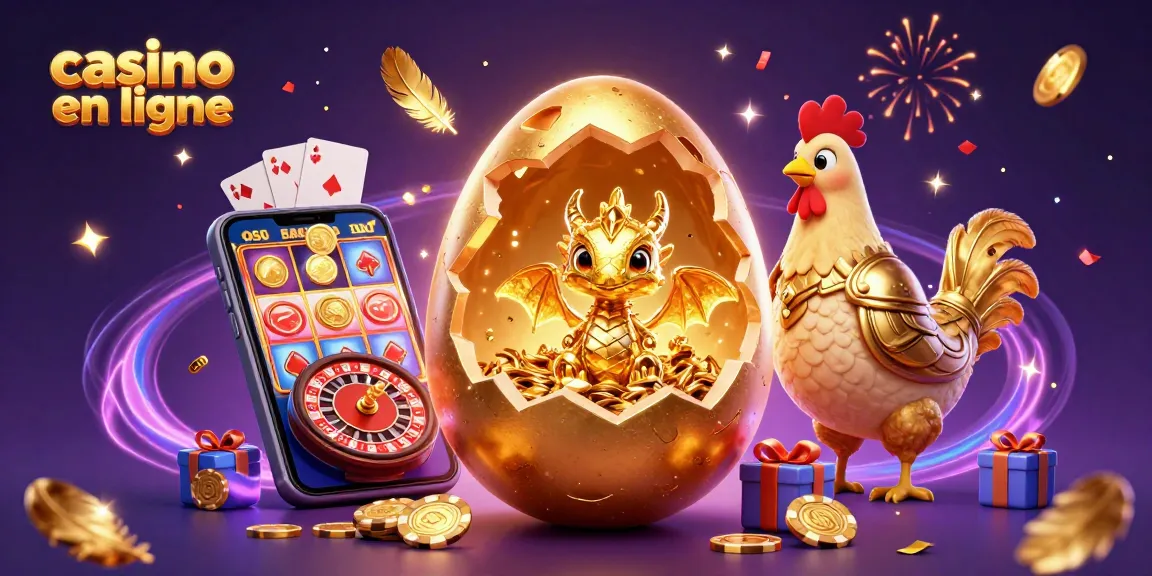 Le casino en ligne propose un dragon doré sur des jetons de poker entouré de jeux et de confettis.