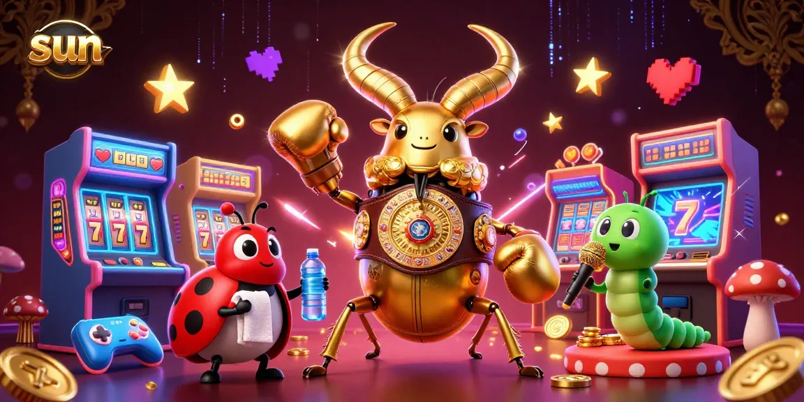 Experience exciting casino action with sun-themed games and vibrant characters in a dynamic 3D illustration.