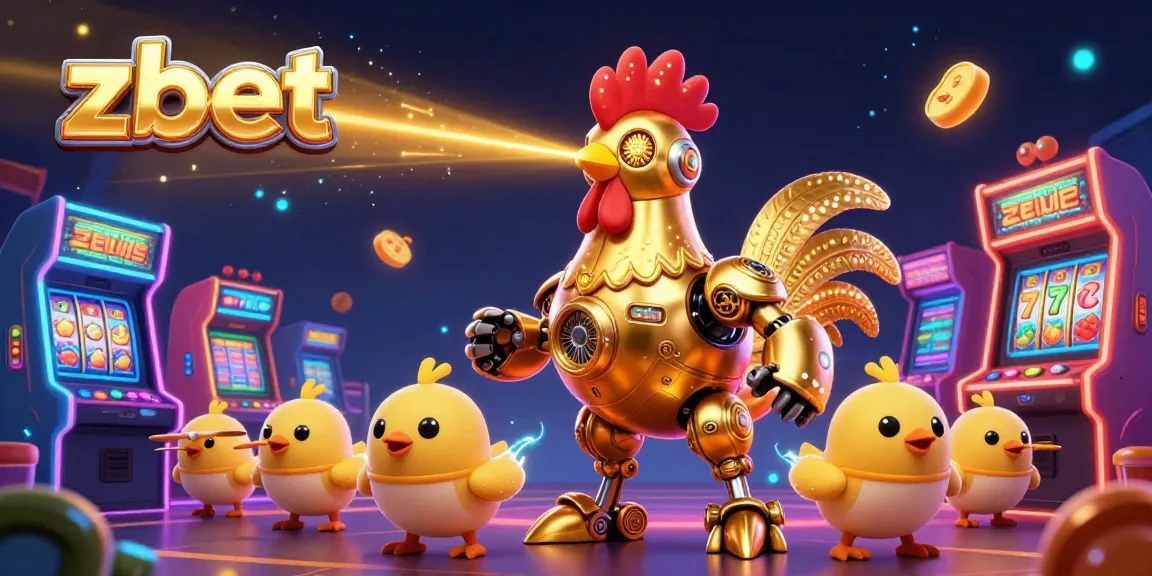 Engage with zbet's dynamic casino scene, featuring a golden rooster robot and playful chick drones.