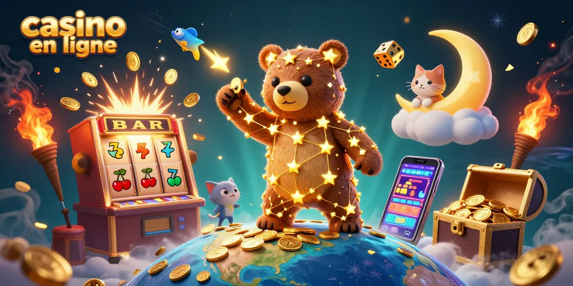 Jouez au casino en ligne avec un ours constellation et une machine à sous débordante de gain.
