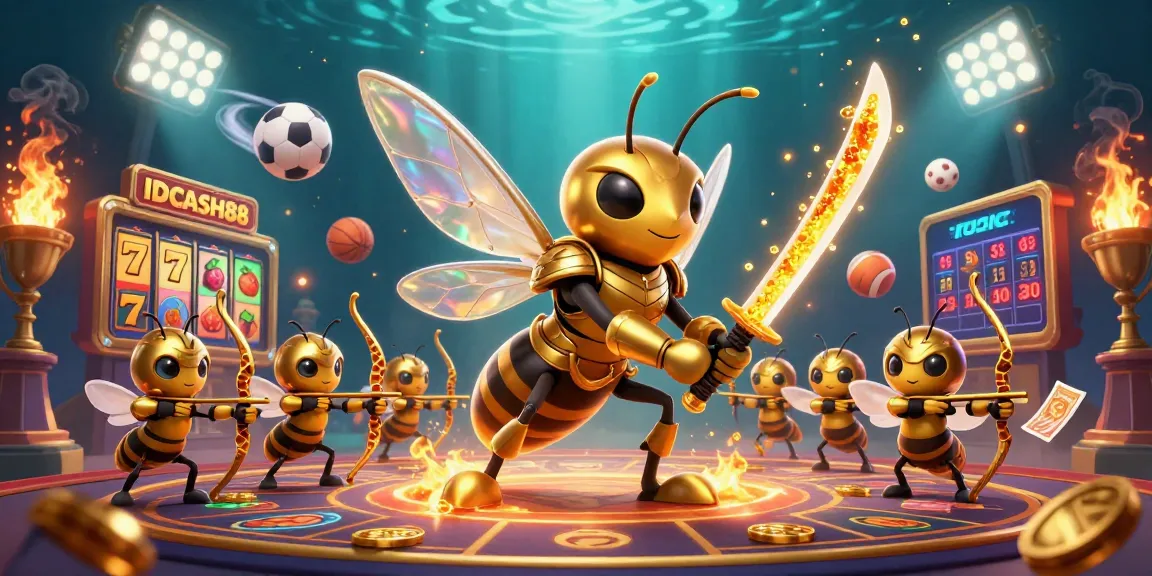 IDCASH88 captures excitement with a vibrant illustration showcasing a golden hornet samurai amidst dynamic slot game elements.