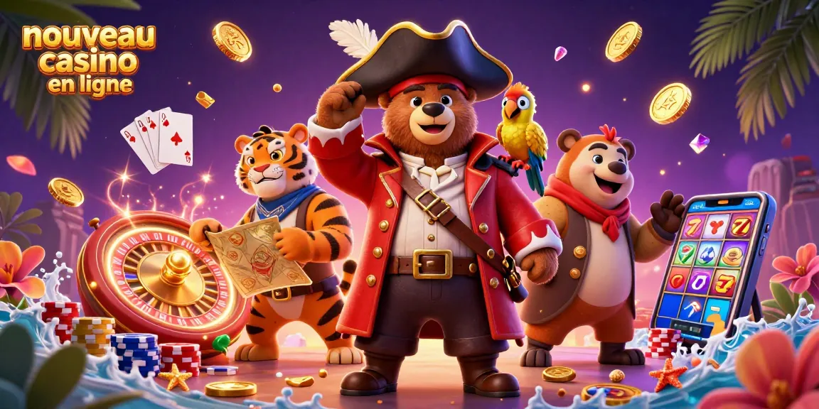Plongez dans l'univers du nouveau casino en ligne avec un ours pirate à la mode, un tigre et un perroquet dans une scène dynamique de jeux d'argent.