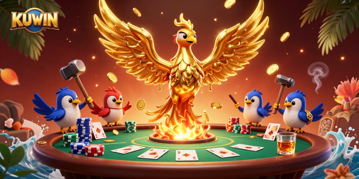 Experience thrilling wins with KUWIN in a vibrant 3D casino scene showcasing golden phoenix and poker elements.