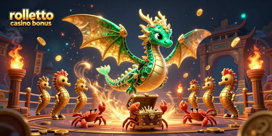 Jouez au bonus du casino Rolletto avec des dragons et des gardes dans un cadre de jeu animé.
