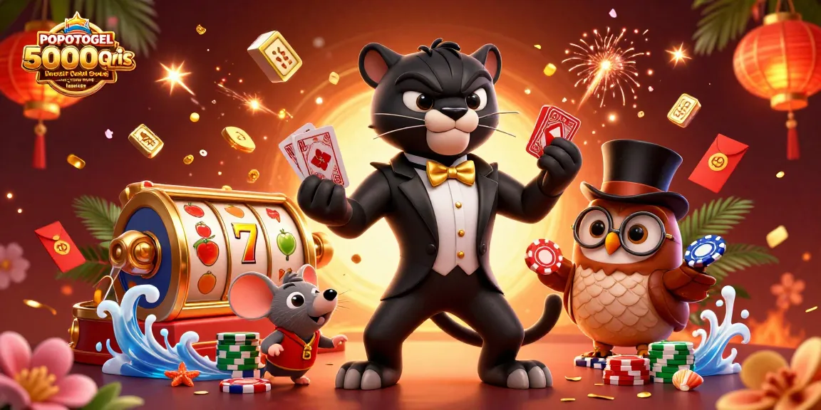 Engage with POPOTOGEL Situs Slot Gacor 5000 Qris Deposit Dana Gampang Jp x1000 Hari In through a lively scene with a black panther, owl, and mouse.