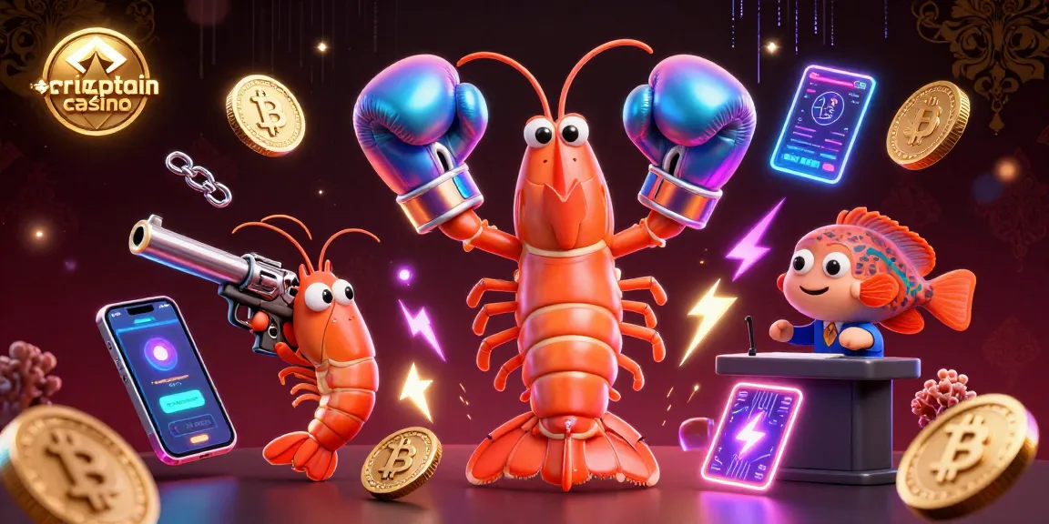 Illustration d'un casino crypto avec une crevette mante en gants de boxe et des pièces de Bitcoin.