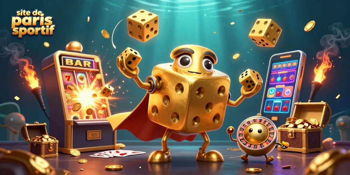 Pariez sur le site de paris sportif avec une illustration dynamique de dés, machines à sous et jackpot.
