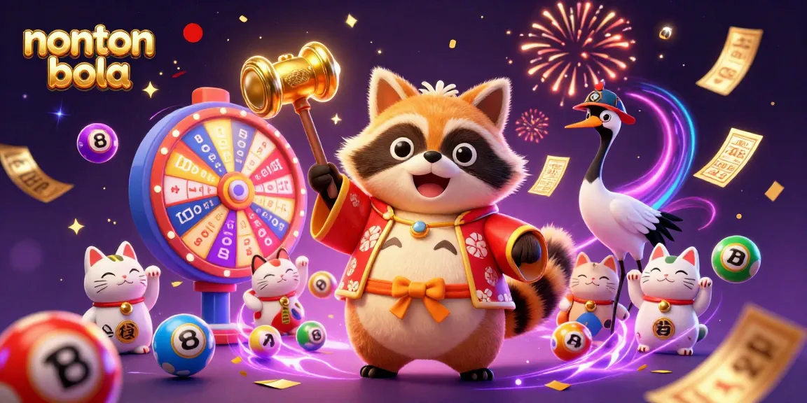 Nonton bola with a cheerful tanuki and samurai crane amidst vibrant lottery balls and confetti.