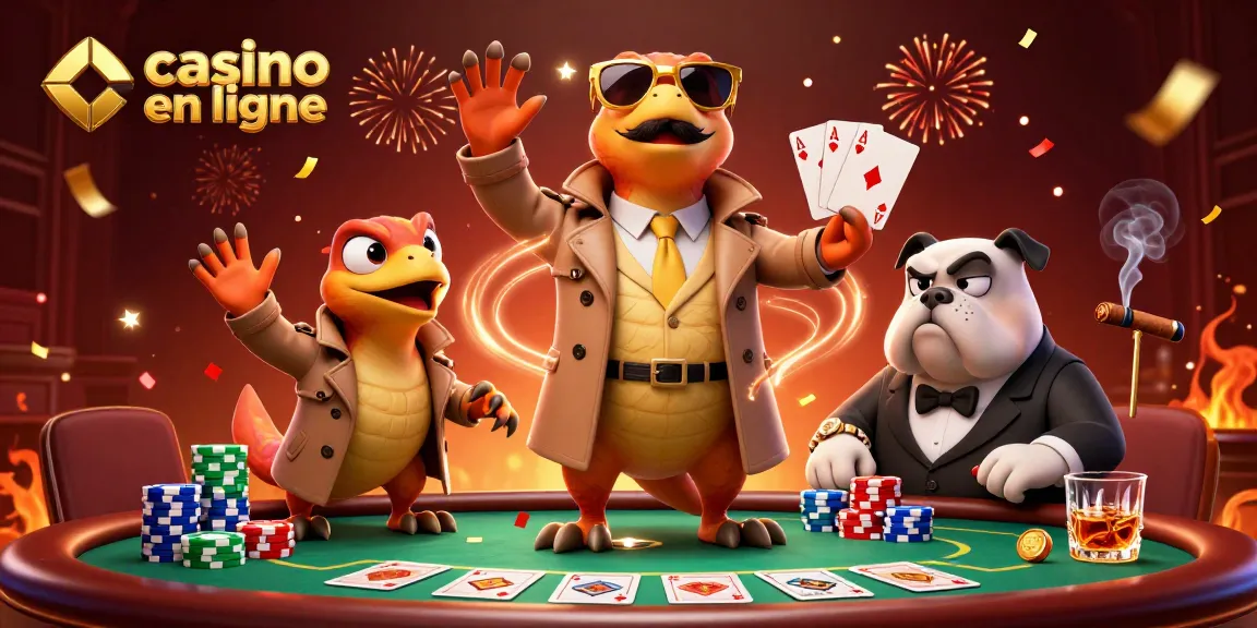 Les raptors en trench coat essaient d'entrer dans un casino en ligne, entourés de jetons et de cartes.