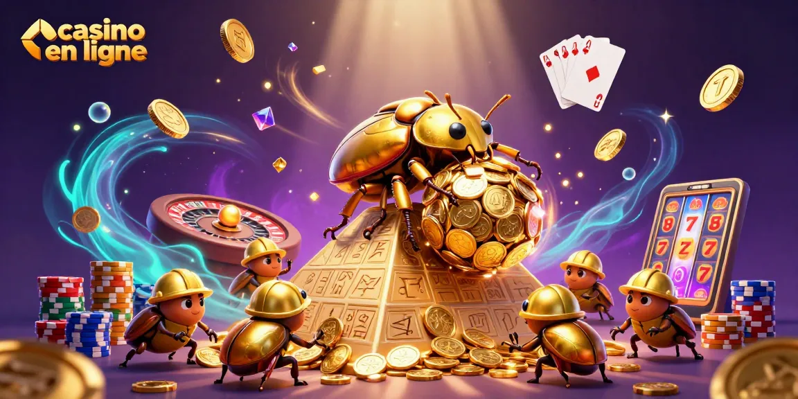 Jouez aux machines à sous dans un casino en ligne rempli de pièces dorées et de jetons colorés.