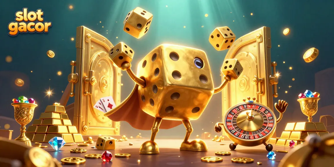 Jelajahi slot gacor dengan karakter dadu emas, harta karun, dan elemen kasino yang mendebarkan.