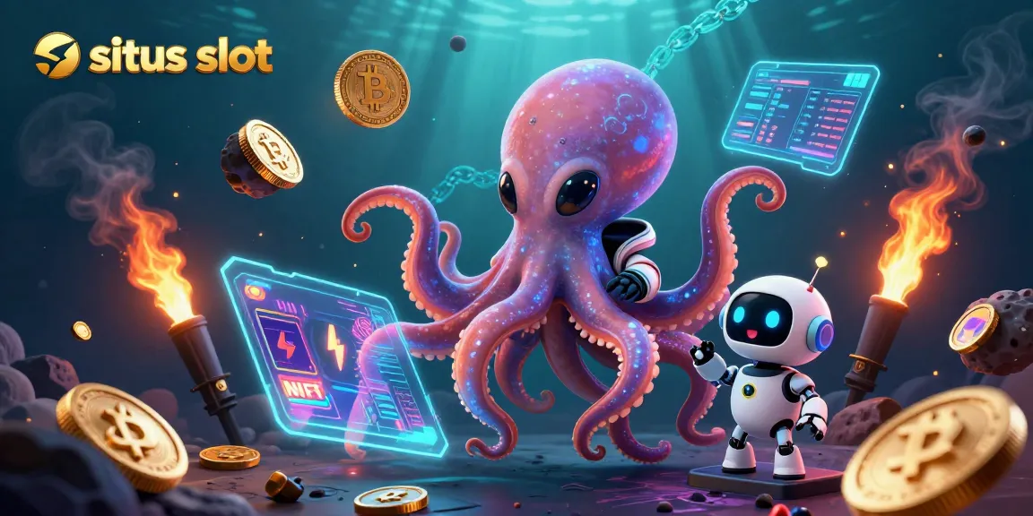 Situs slot vibrant scene with a cartoon octopus at a holographic slot machine and crypto coins