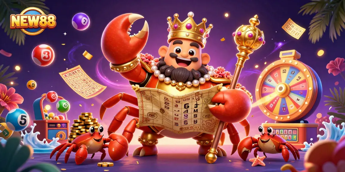 Experience the thrill of NEW88 with a vibrant 3D casino scene featuring a golden crab and lottery elements.