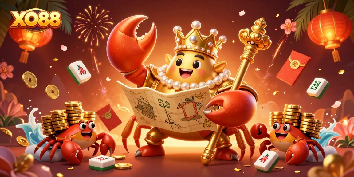 Engage with XO88's vibrant 3D casino world featuring a golden crab emperor and treasure-filled elements.