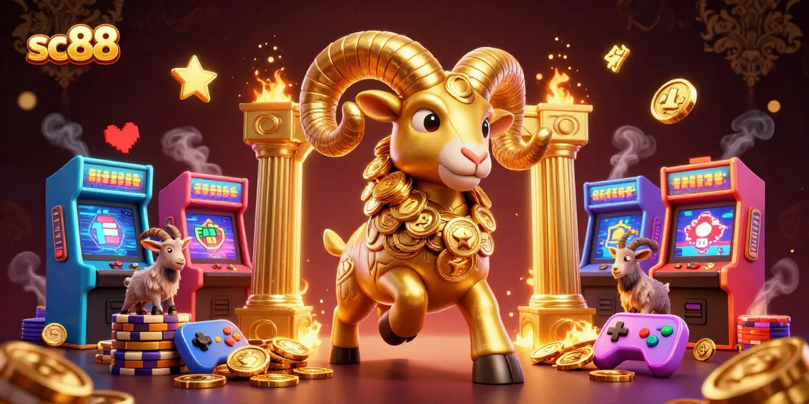 Experience thrilling gameplay with sc88's stunning golden ram mascot amidst casino arcade fun.