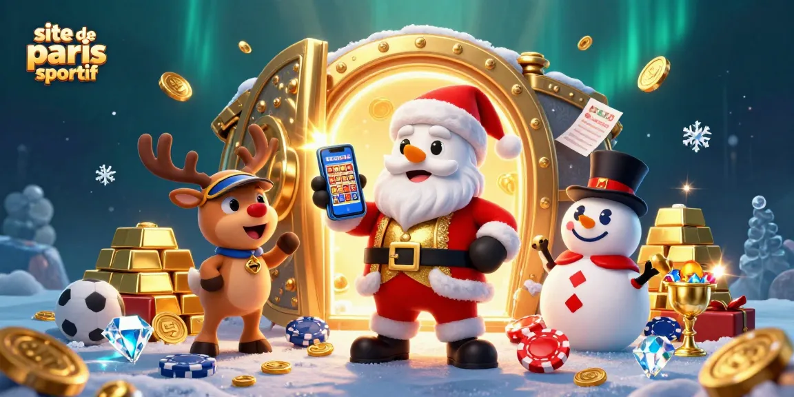 Jouez sur le site de paris sportif avec Santa, son renne et un bonhomme de neige, entourés de trésors de jeux.