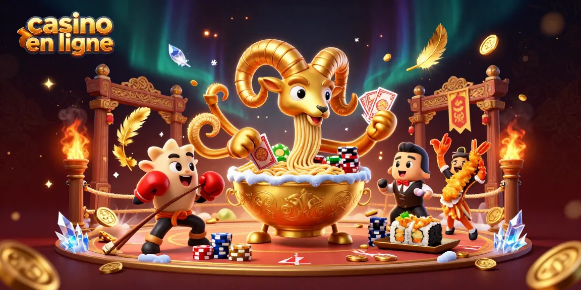 Jeu dynamique dans casino en ligne avec un bol de ramen géant et des personnages colorés.