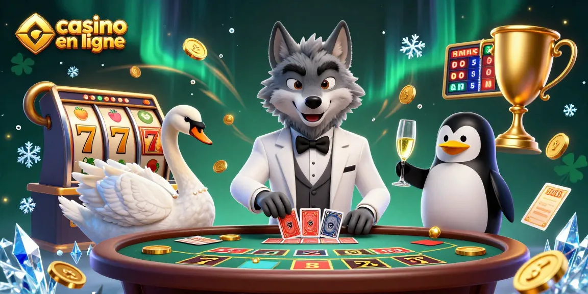 Visualisez une scène de casino en ligne où un loup élégant joue au baccarat en compagnie d'un cygne et d'un pingouin, entourés de jetons et de machines à sous.