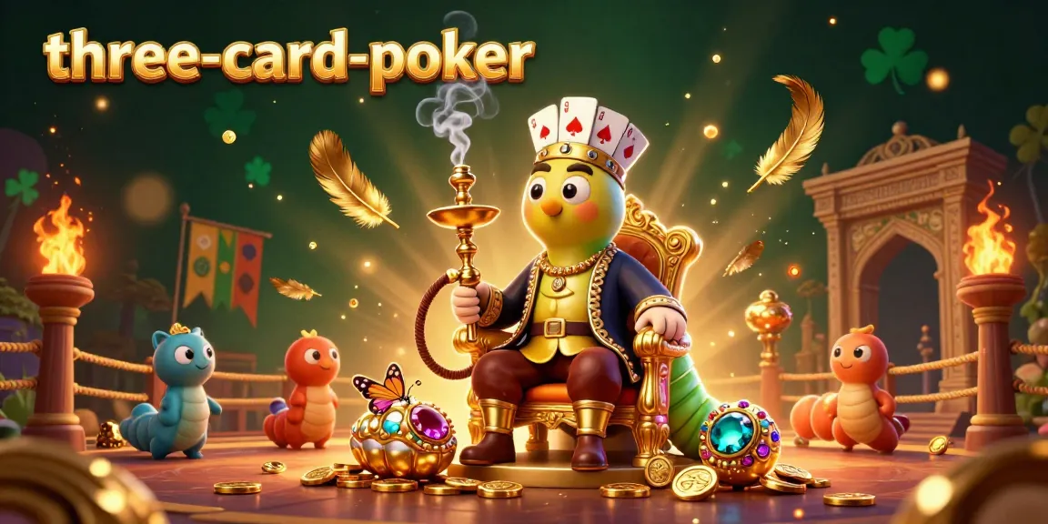 Engage in three-card-poker with a vibrant cartoon scene featuring poker symbols and exciting gaming elements.