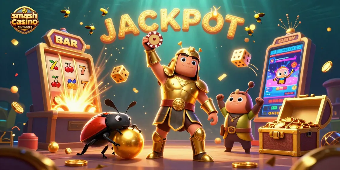 Illustration dynamique représentant les paiements smash casino avec des héros insectes autour de machines à sous en fête.