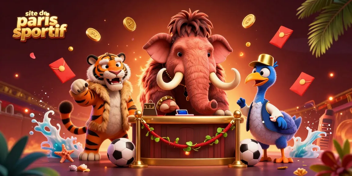 Une illustration dynamique représentant un site de paris sportif avec un mammouth casino, un tigre VIP et un oiseau dodo comme portier.