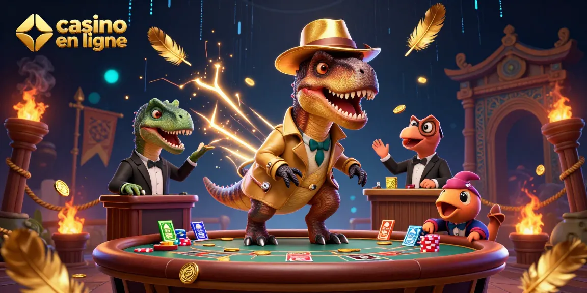 Profitez d'une scène animée de jeu dans un casino en ligne avec un velociraptor qui compte les cartes.