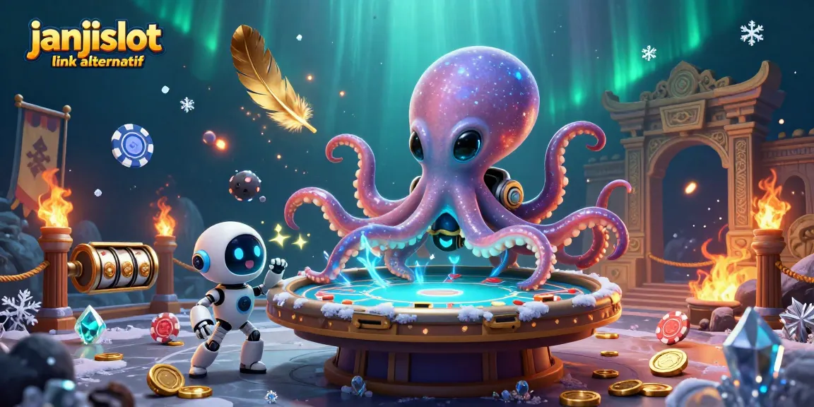 Engage with the janjislot link alternatif through an immersive illustration of an alien octopus at a holographic poker table.