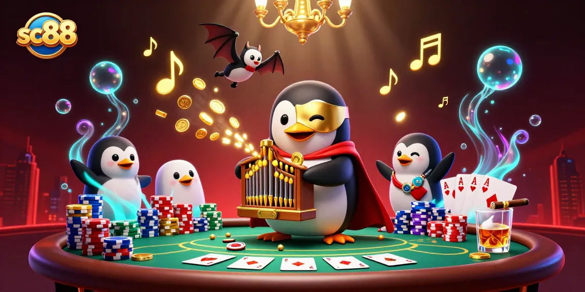 Engage with sc88's dynamic casino scene featuring a cartoon penguin and poker elements.