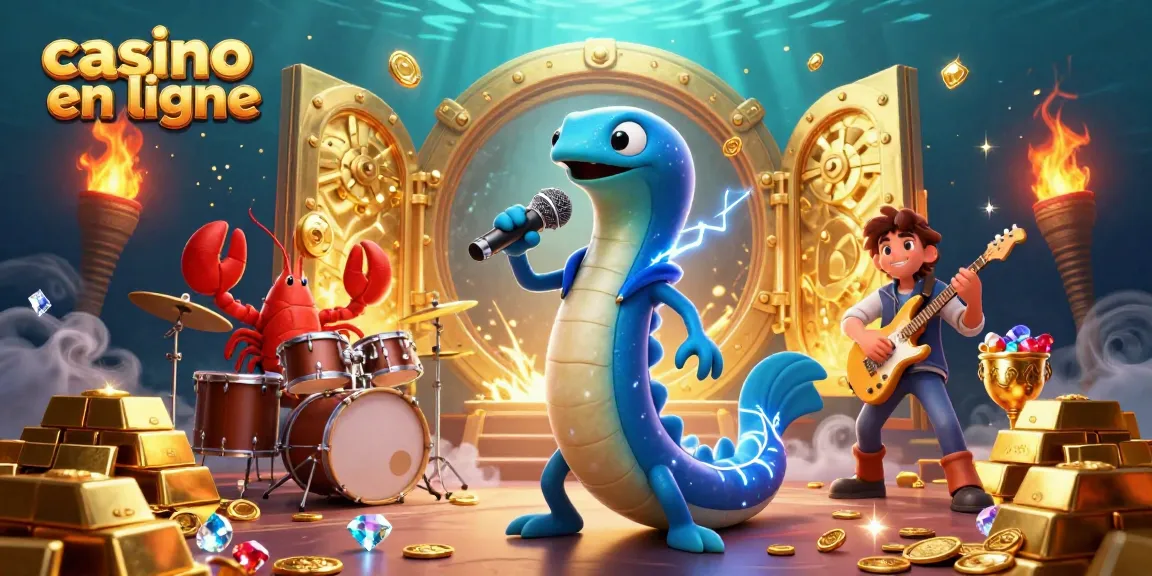 Animation de l'eel DJ dans un casino en ligne, entouré de trésors et joyaux éclatants.