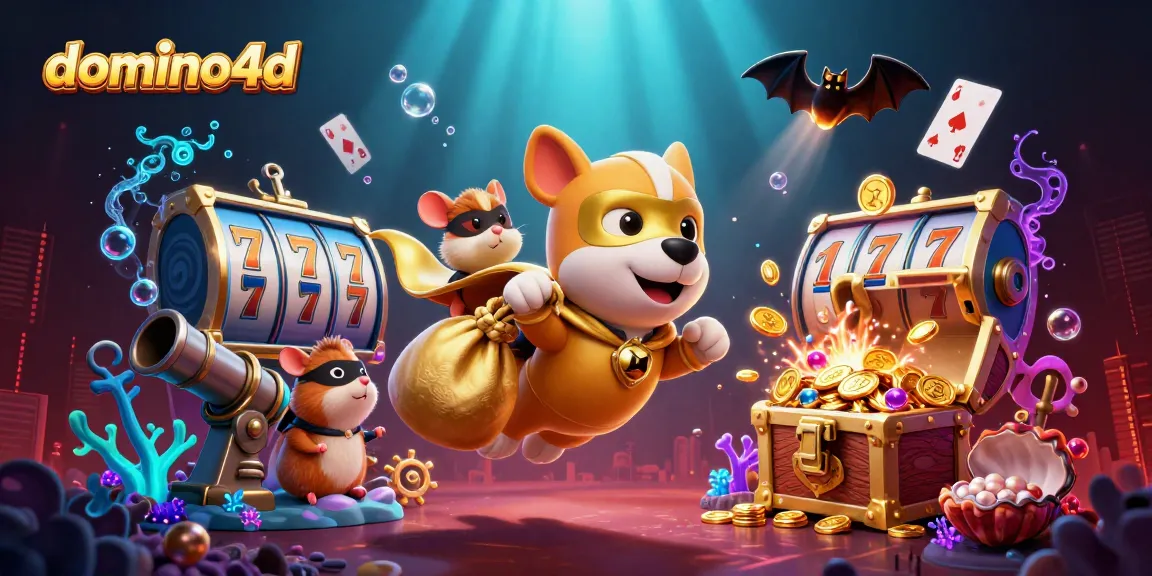 Dominasi permainan domino4d dengan slot bertema berlimpah koin emas dan simbol chip poker.