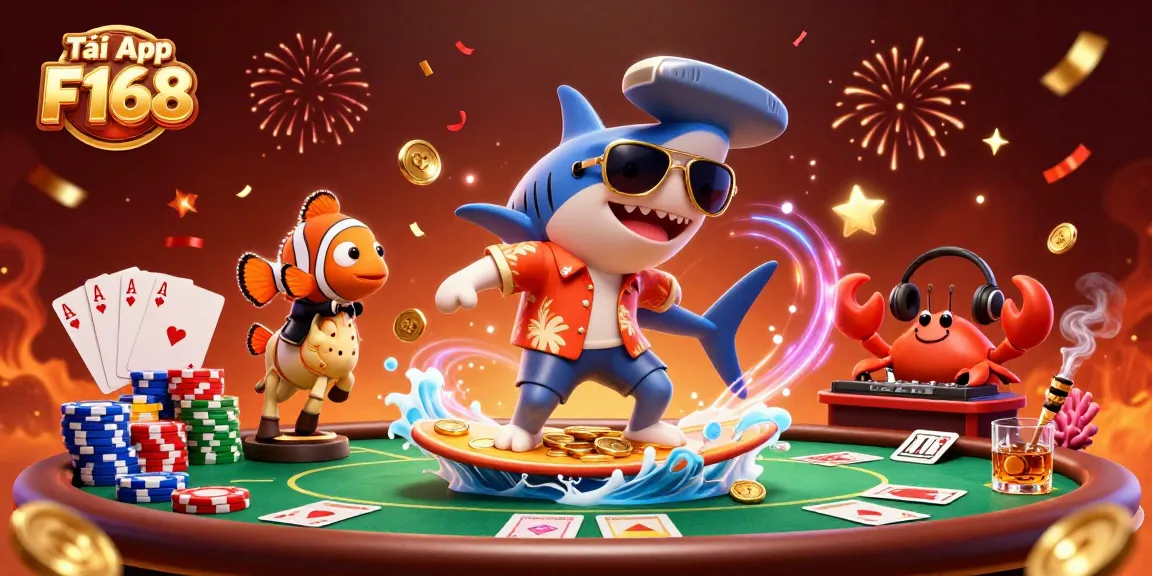 Tải App F168 to join a lively digital casino world with a shark, clownfish, and DJ crab.