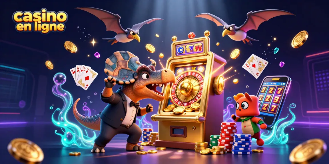 Obtenez des gains avec le casino en ligne, illustré par des dinosaures joyeux au jackpot.