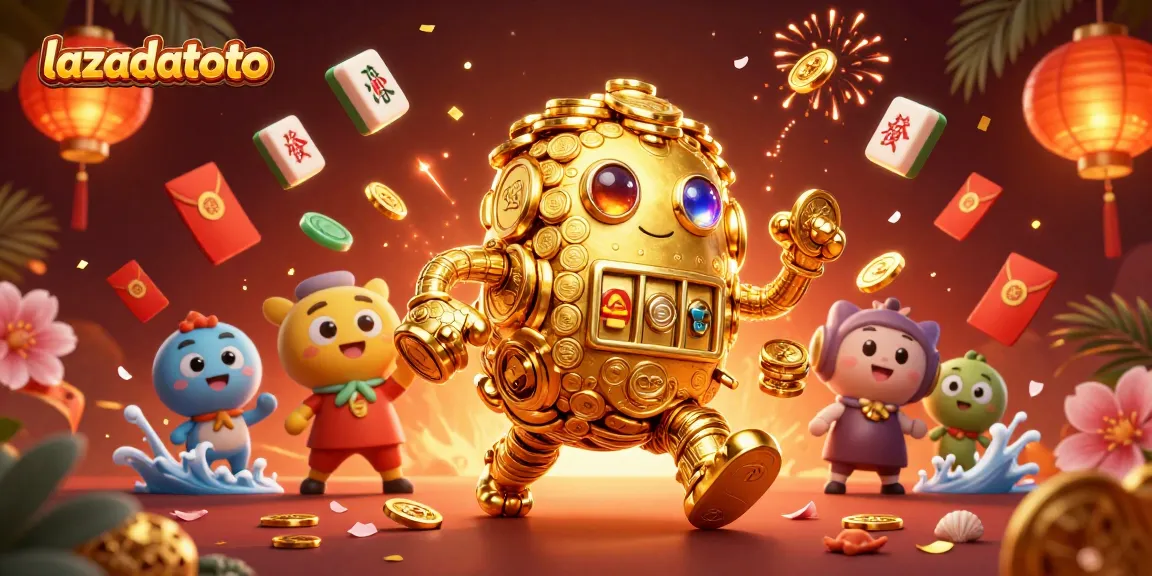 Lazadatoto game features enchanting golden golem surrounded by vibrant casino elements and festive decorations.