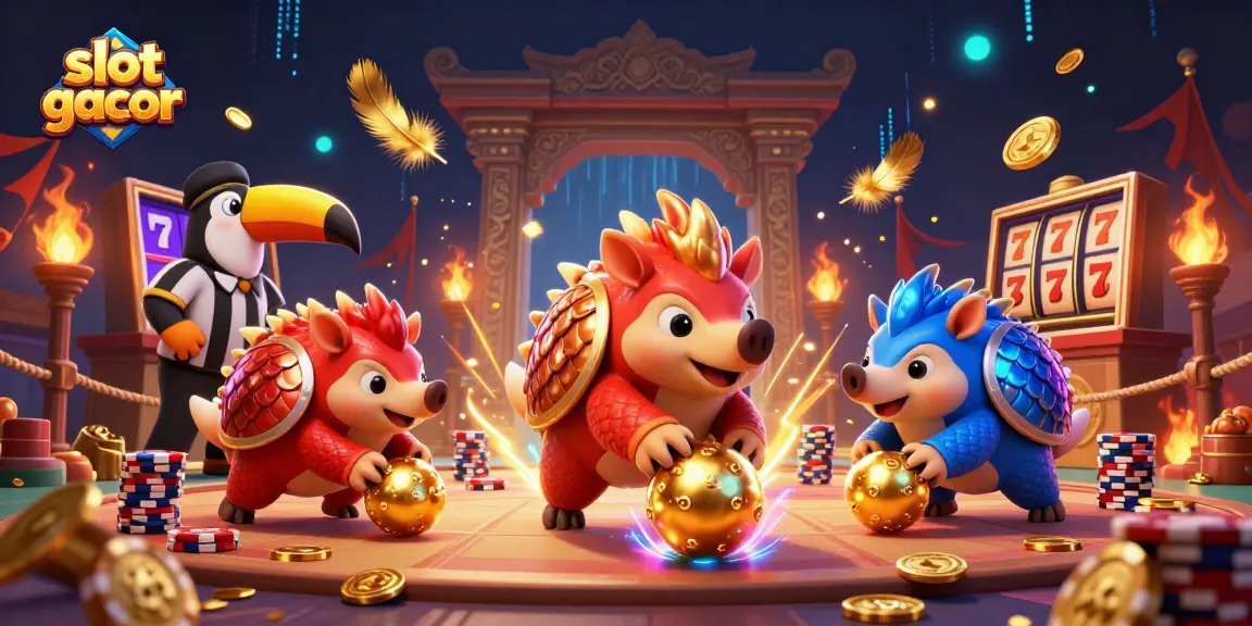 Pangolin rival bersaing di permainan slot gacor dengan koin emas dan chip poker.