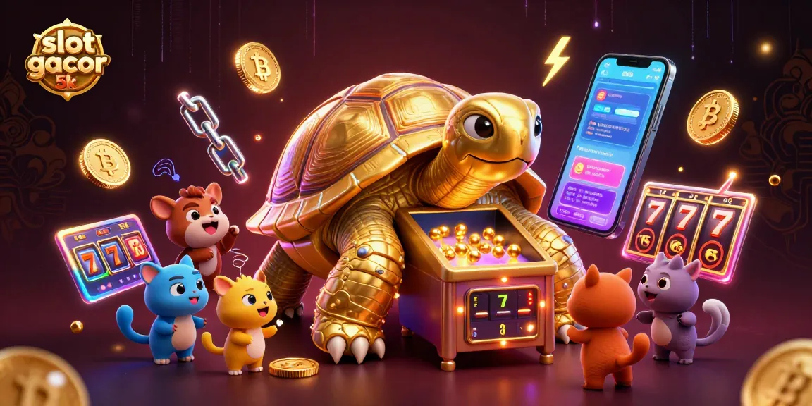 Experience the excitement of slot gacor 5k with a grand golden tortoise as a pinball machine and vibrant crypto coins.
