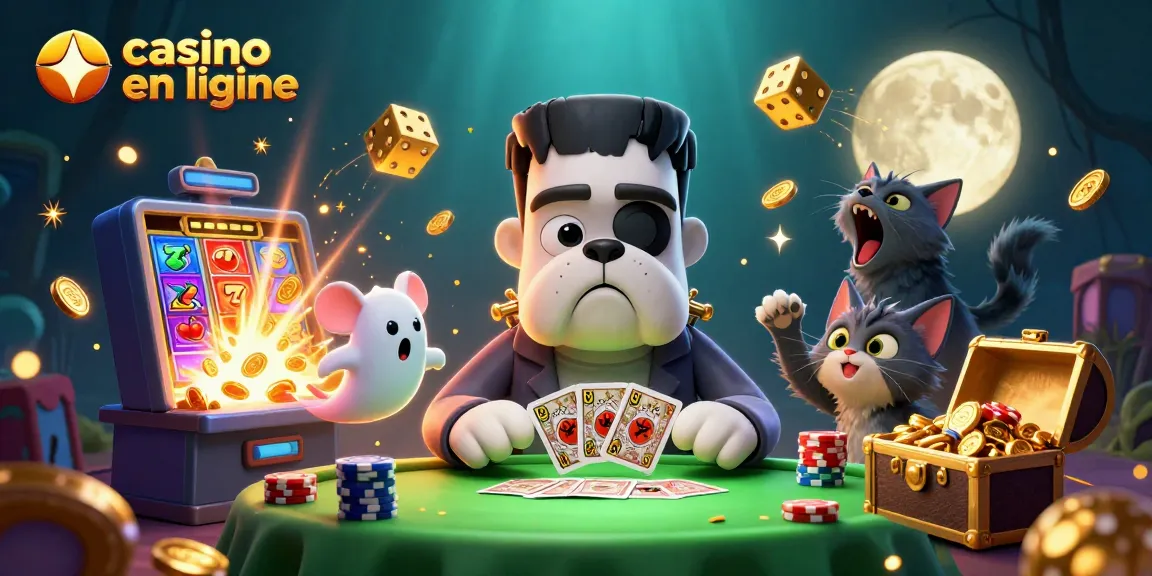 Jouez dans un casino en ligne où un bulldog Frankenstein distribue des cartes entouré de jackpots et de trésors.