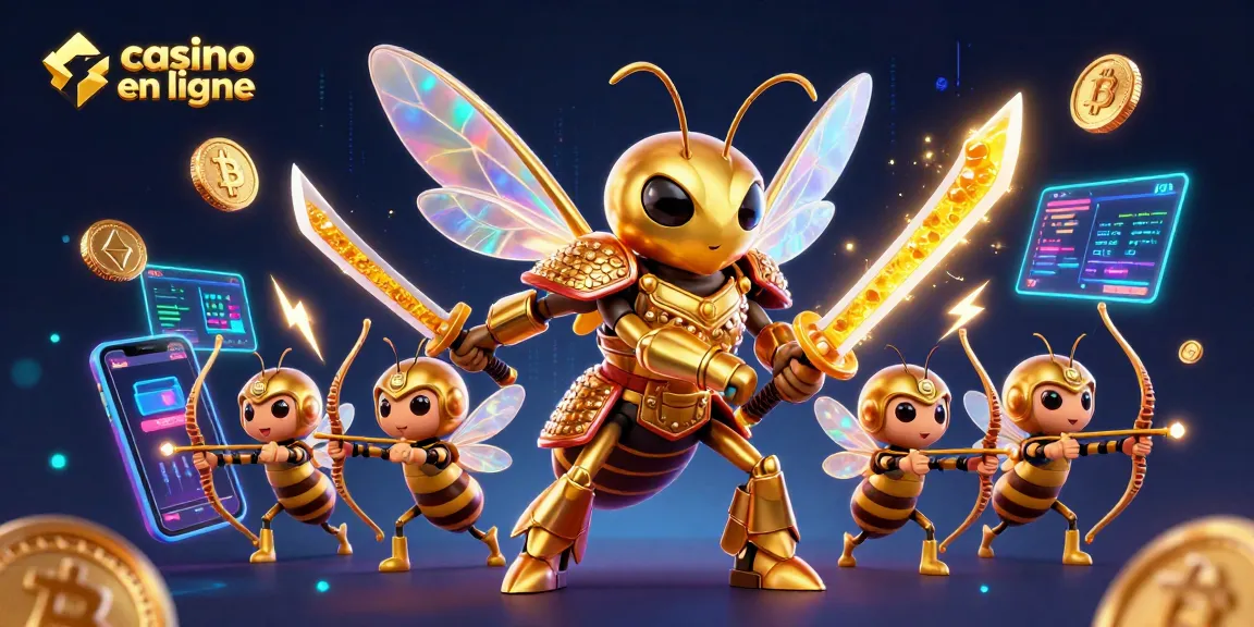 Plongez dans l'univers du casino en ligne avec cette illustration dynamique de personnages animés et éléments de jeu.