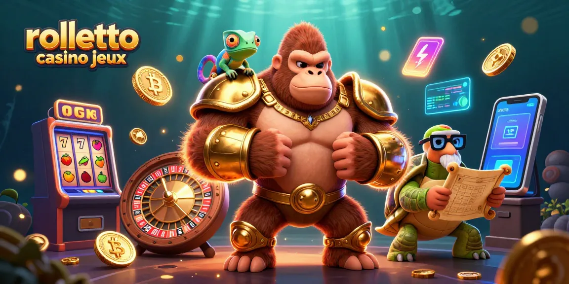 Découvrez les jeux captivants de Rolletto casino avec une scène animée de personnages colorés et d'éléments de casino.