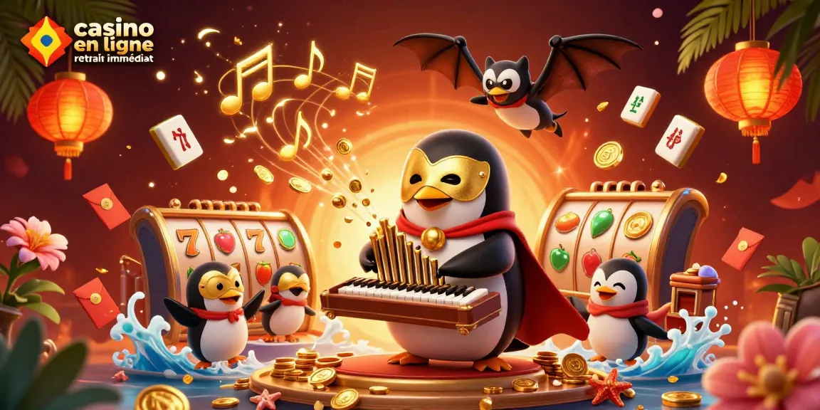 Prenez part à l'excitation du casino en ligne retrait immédiat avec un pingouin fantôme jouant de l'orgue sous des feux d'artifice et des symboles gagnants.
